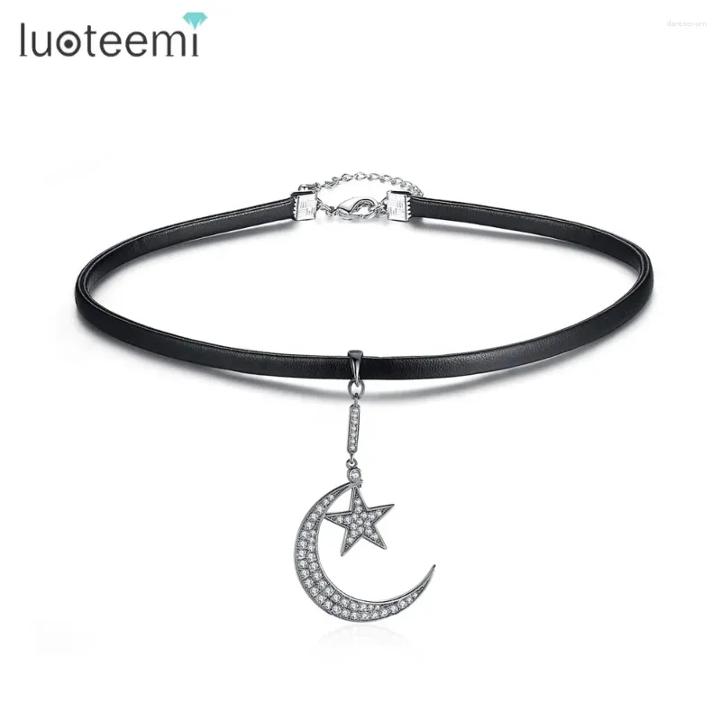 Pendants LUOTEEMI Gothic Punk Harajuku Moon And Star Black Leather Choker Necklace Collar With Cubic Zircon Jewelry For Women Accessories