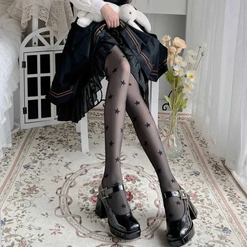 Sexy Socken Star Print Frauen Strumpfhosen Ultra-dünn Nylon Oberschenkel hohe Strümpfe Strumpfhose für Frauen jk japanischer Stil Y2K Girl Schwarz Strumpfhosen Lolita 240416