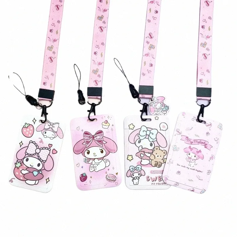 pink My Melody ID Badge Holder Neck Strap Pendant Subway Door Card Holders Lanyards Girls Student Lanyard Credential Holder F5EM#