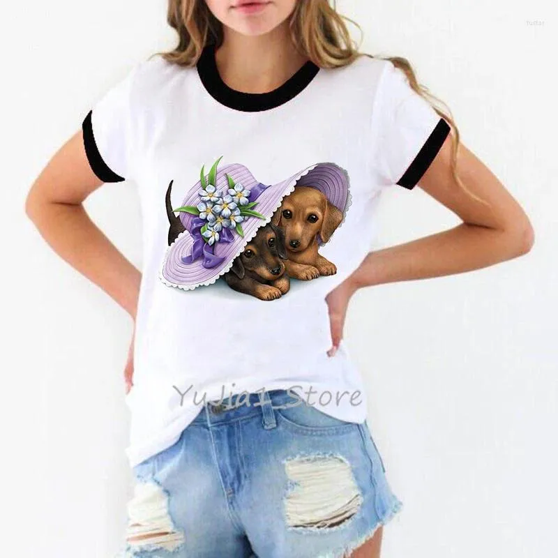 Frauen T -Shirts ein Paar entzückende Dackel gedruckte Frauen T -Shirt süße Kawaii Kleidung Sommer Top Hundeliebhaber Tee Shirt Femme