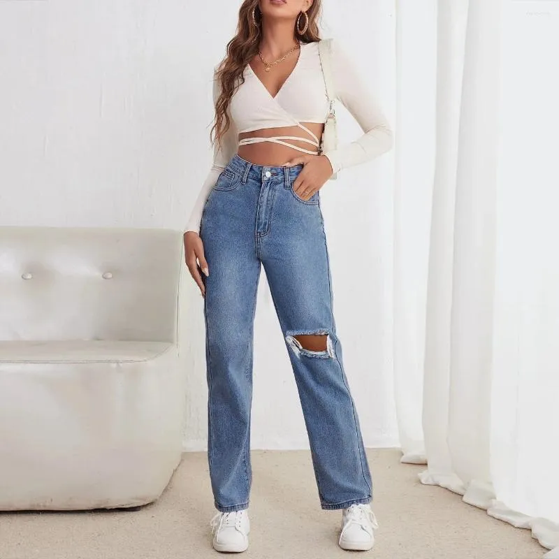 Jeans femininos rasgados para mulheres pernas retas calças de jeans soltas casuais sólidos de comprimento completo jeans jeans moda todos combinam