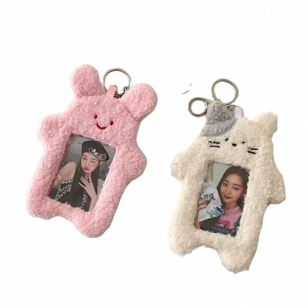 Ins mignon chat lapin en peluche Photocard Holder Kpop Idol Photo Sleeve Protective Case Student Id Carte Couverture avec pendentif porte-clés B1XG #