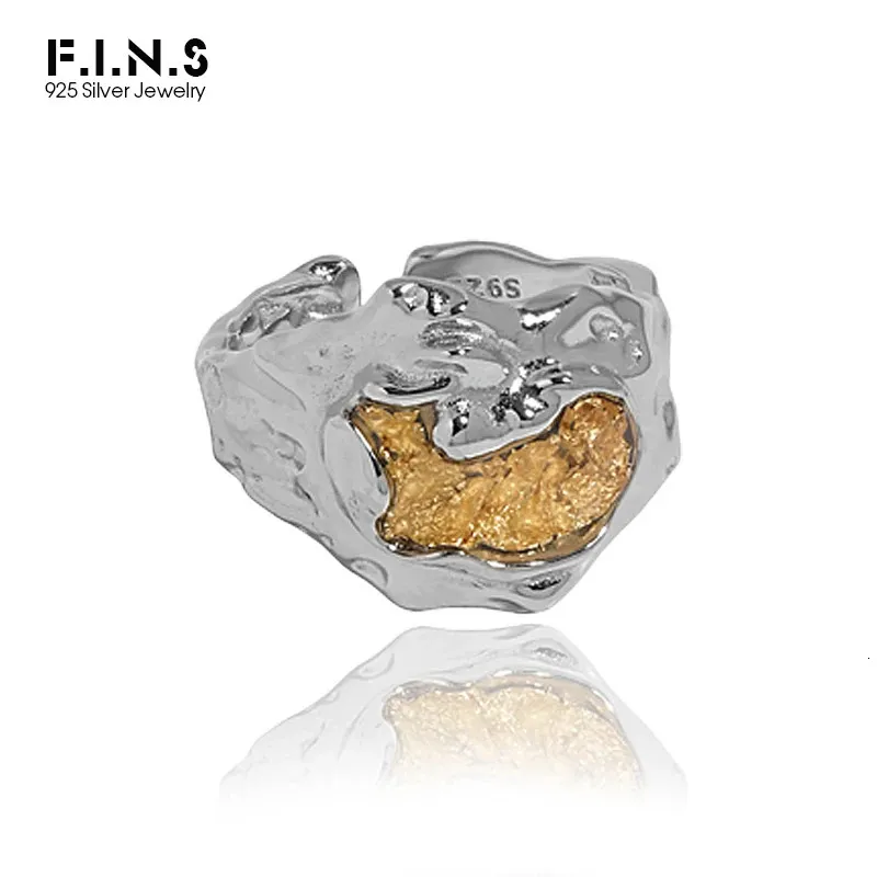 F.I.N.S Kore tarzı düzensiz yüzey S925 STERLING Gümüş Altın Folyo Kakma Açık Yüzük Geniş İfade Yeniden Uygun Kadınlar Fine Jewel 240416