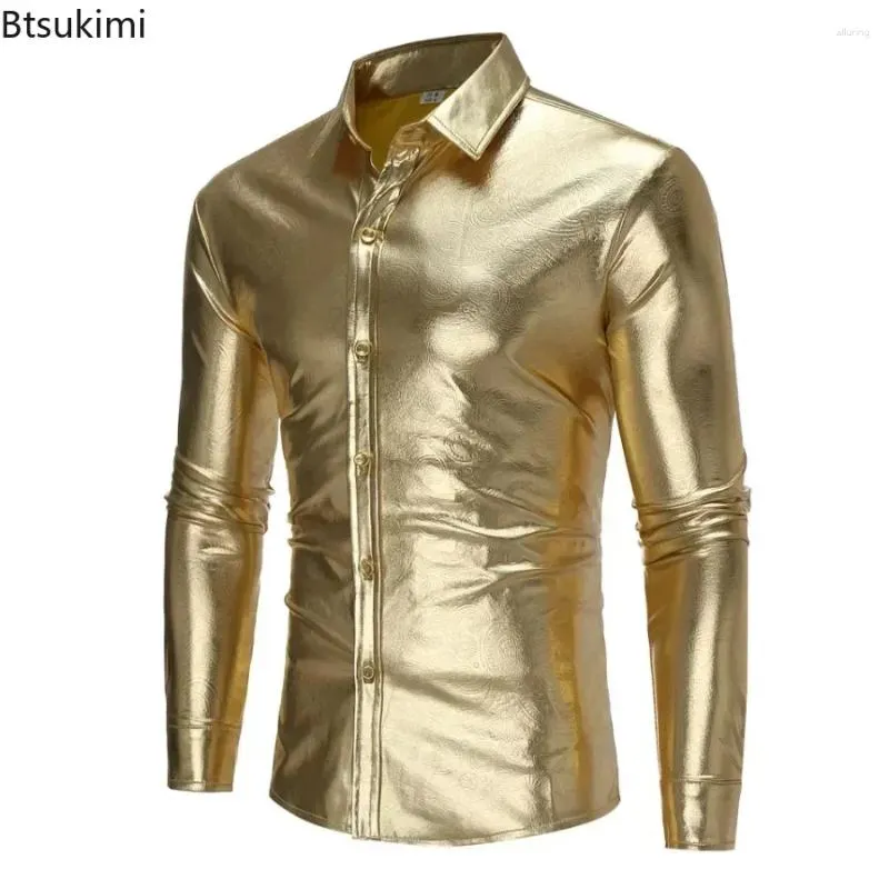 Camicie casual maschile 2024 Nightclub Glossy Metallic Glossy Party Shiny Vintage Vintage Costume Stampe Fashion Esegui uomini di abbigliamento