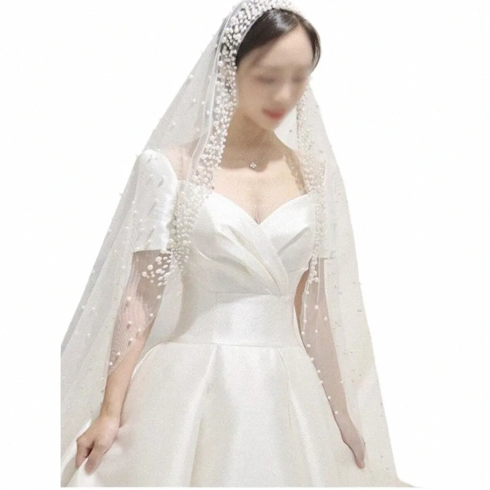 Fi une seule couche blanche ivoire en tulle perles simple femmes 3 * 3 mètres de mariée