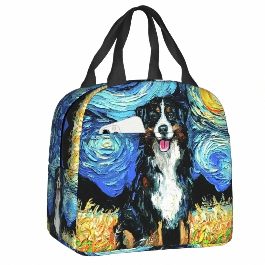 Starry Night Bernse Mountain Dog Isolierte Lunchbeutel für Frauen tragbare thermische Kühler -Lunchbox Picknick Ctainer Bags x7J1##