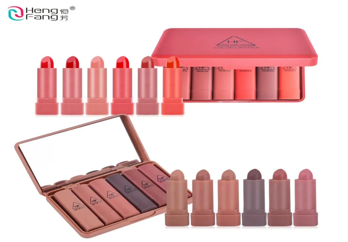 Бренд Hengfang 6 Colorsset Lip Set Longlasting Moisturizer Гума обнаженная тыква и красная с зеркальными губами макияж 15GX66056307