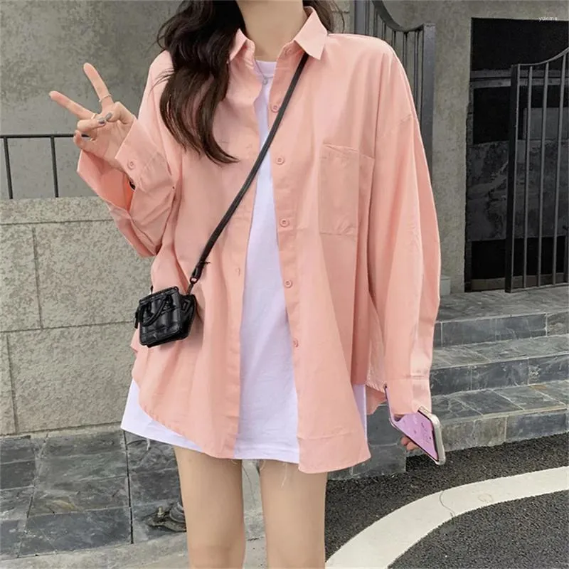 Women's Blouses 2024 Autumn Sping Fall Long Sleeve Women Shirts Korean Fashion Pink Yellow Loose Casual Pocket Sunscreen Tops