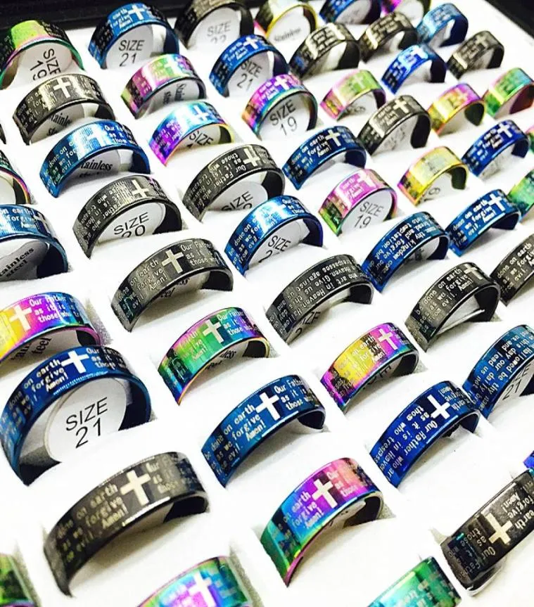 Whole 100pcs Lord039s Prayer in English cross Stainless Steel Rings Men Women Fashion God the serenity prayer Ring mix colo6901452