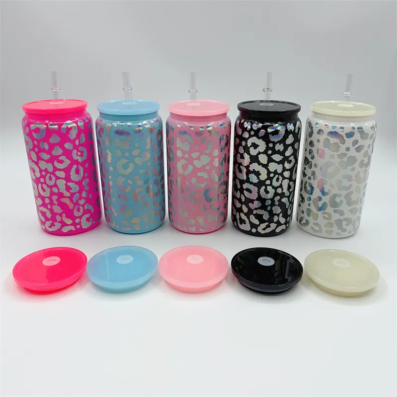 Holographic Leopard 16oz Glass Cups Mason Tumbler Juice Jar Iced Beverage Drinking Beer Can Glasses Cups Rainbow Color Coffee Mugs With Plastic Lids & Straws