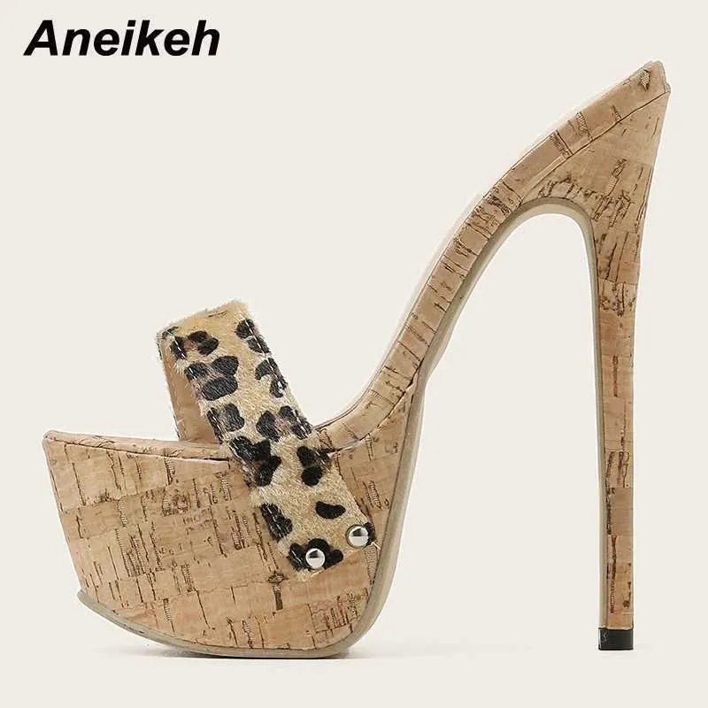 Hausschuhe Aneikeh sexy Leopard -Plattform Sandalen High Heels 2023 Sommerschuppen Mule Damen Mode Peep Toe Slipper Clubschuhe Slipper J0416