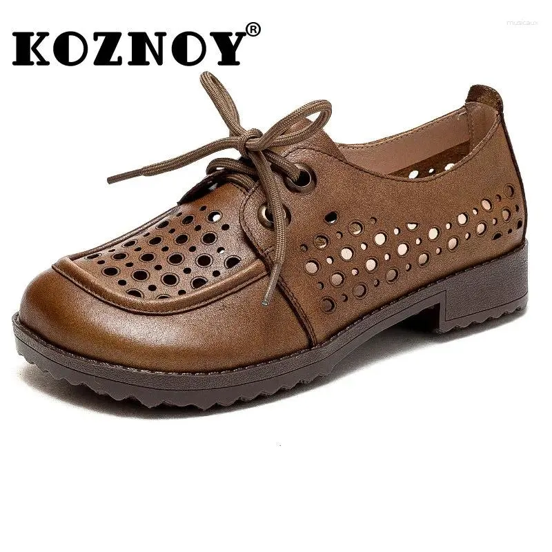 Chaussures décontractées koznoy 3cm talons féminins pompes lacets up up natural creux en cuir authentique appartements d'été mocassins dames block talon