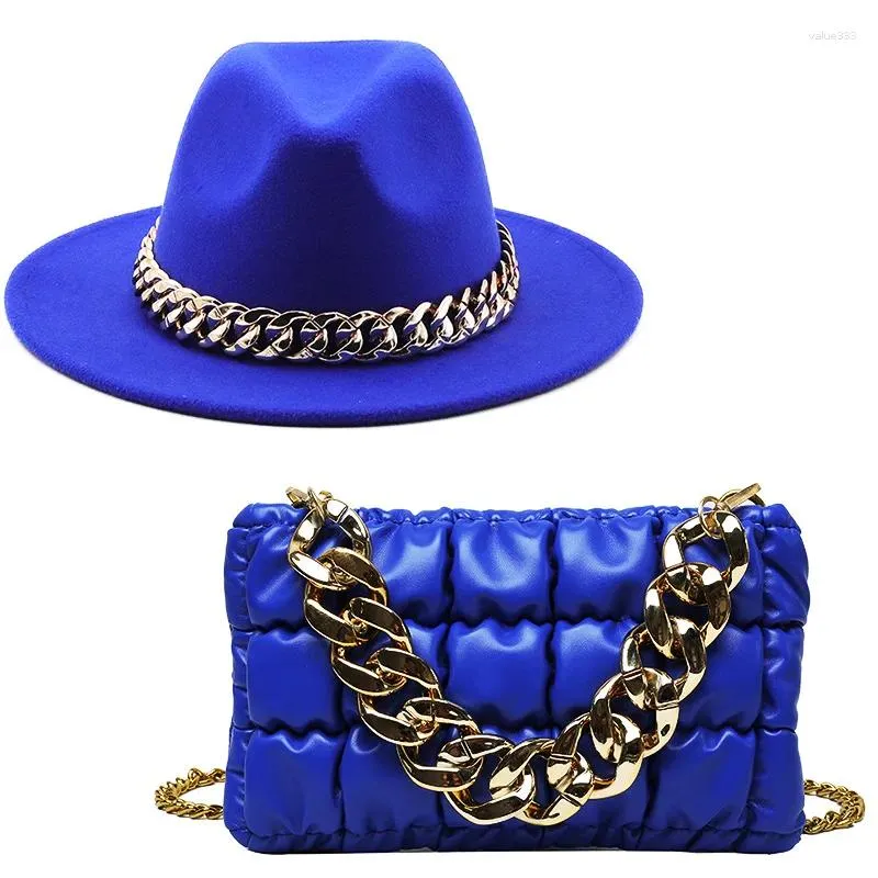 Berets Wide Brim Classic Ladies Fashion Jazz Party Handbag Leather Coin Purse Shell Bag And Hat With Golden Chain Fedora Hats Women Set