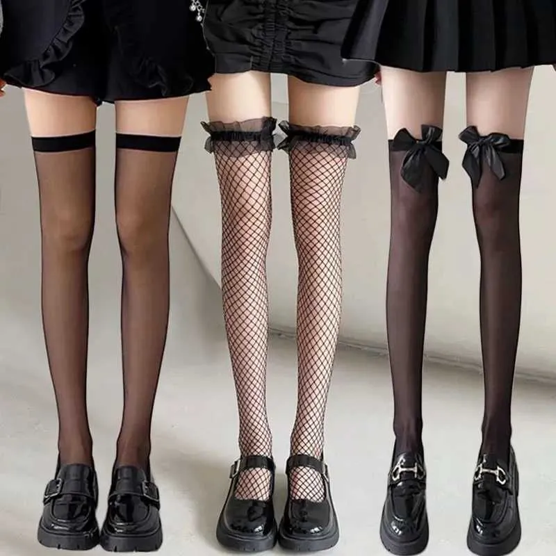 Сексуальные носки черные белые сексуальные скидки с длинными носками Женщины девушки JK Lolita Fishnet Stockings Lovely Bowknot High Nops Locks Legs Liggting 240416