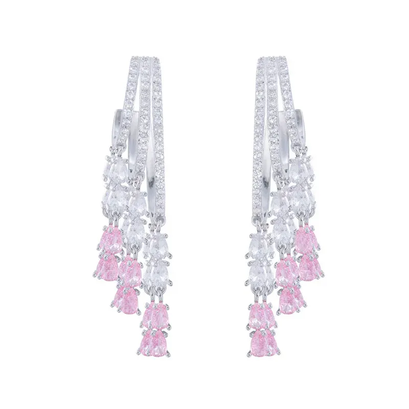 Charm Long Tassel Pink AAA Zirconia Cubic Earring Designer for Woman Party 925 Sterling Silver Post Diamond Earrings South American Wedding Engagement Jewelry