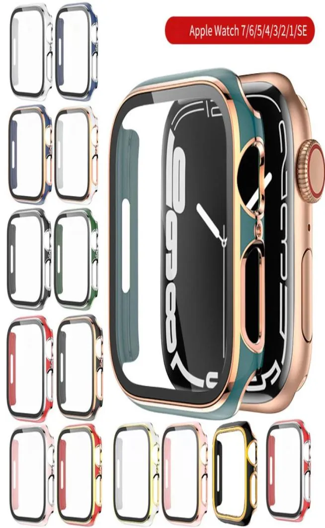 Double Color Hard PC Watch -fodral med härdat glas för Apple Watch Series 7 6 45mm 41 42 44 40 38 Skärmskydd Stötfångare Full CO4469746