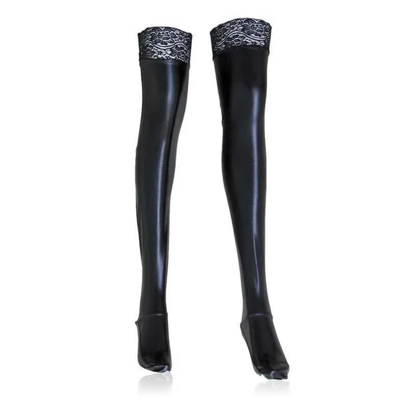 Sexy Socks Lace Silicone Sexy Latex Stockings Ladies Black Faux Leather Thigh High Medias Womens Long Stockings Plus Size Leg Warmers 240416