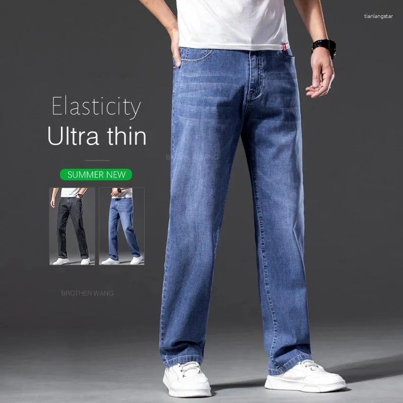 Jeans da uomo estate sottile sciolto classico dritto grigio blu business elasticità casual elasticità pantaloni in denim plus size 42 44 46