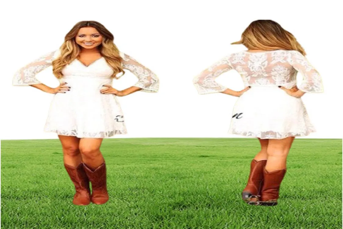 Bescheiden korte kanten cowgirls country trouwjurken met 34 lange mouwen mini bruidsjurken receptie jurk voor bruiloften 20209246000