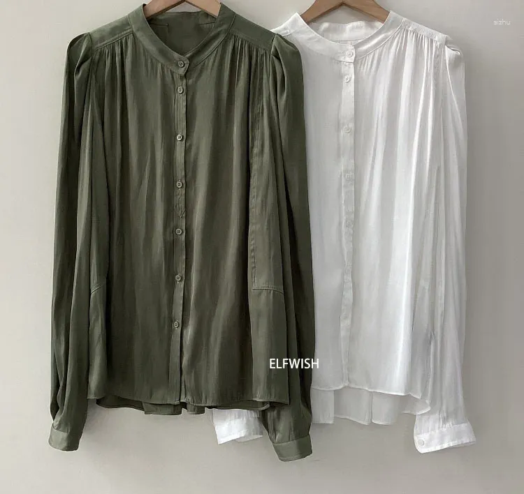 Women's Blouses Women Fashion White Black Khaki Soft Thin Shirt Round Neck Front Buttons 2024 Blouse Tops Basic Shirts