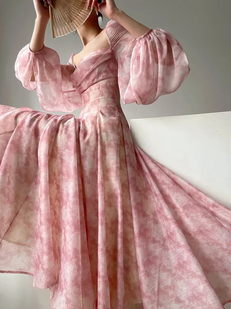knee length dresses for ladies Pink Floral Long Sleeve Midi Dress Grey Pink / M main image 1