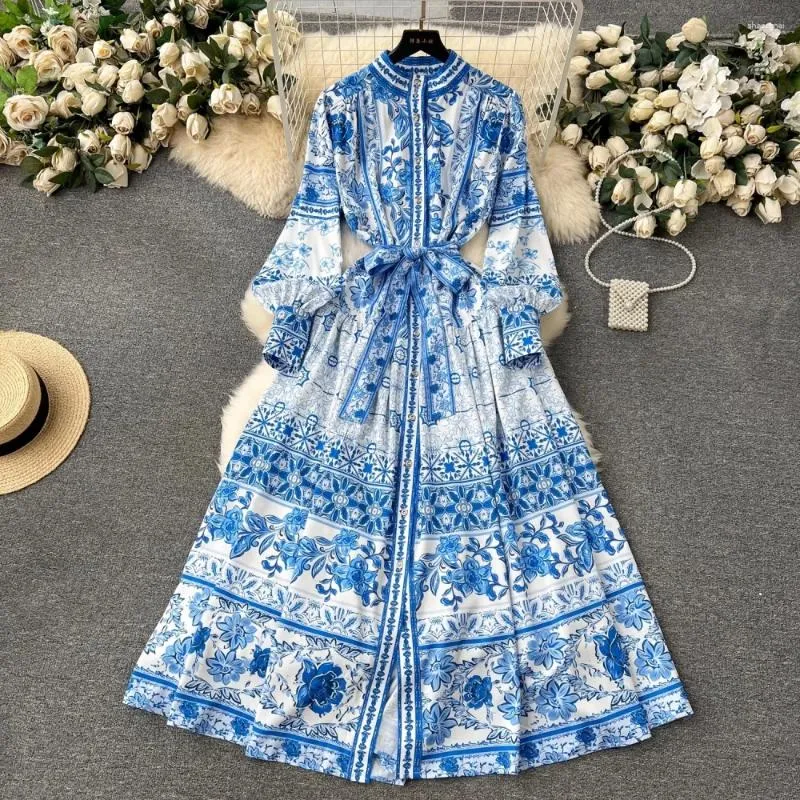 blue and white floral maxi dress long sleeve Botanical Print Maxi Dress — Chinoiserie Floral Modest Gown Blue / XXL main image 0