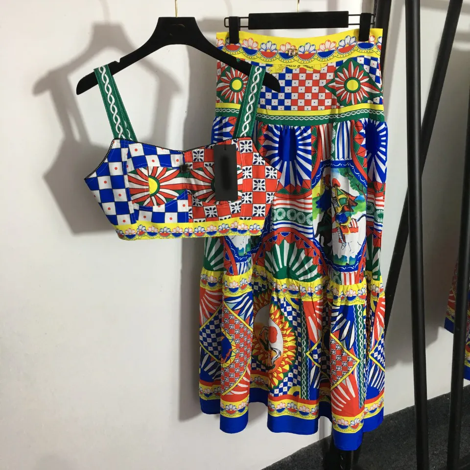 Dwuczęściowe sukienki dla kobiet projektant mody zabytkowe plony top długą spódnicę garnitury świąteczne strój plażowy Summer Clothing Spaghetti Prepa Party Conningos