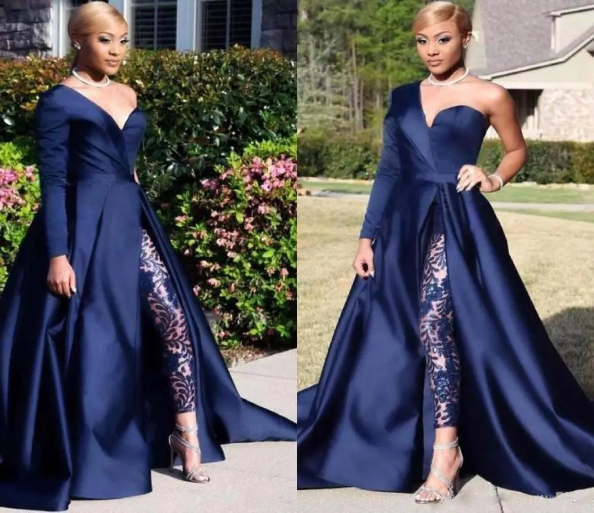 Navy Blue Dubai One Shoulder Jumpsuits Formal Evening Dresses A Line High Split Long Sleeve Prom Party Gowns Celebrity Dresses5110397