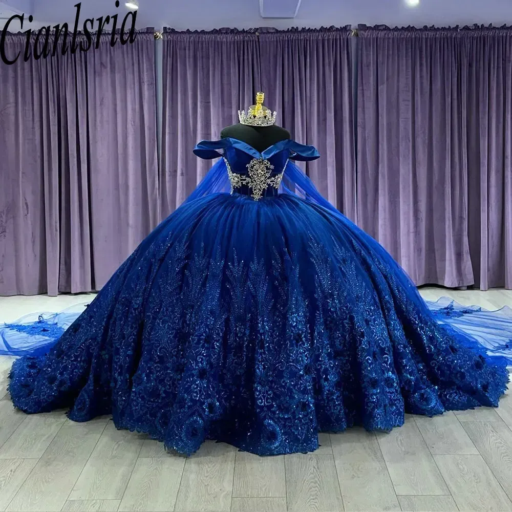 Bleu royal hors de l'épaule Appliques à paillettes Robes de quinceanera Robes avec vestidos corset de cape 3d fleurs de 15 anos