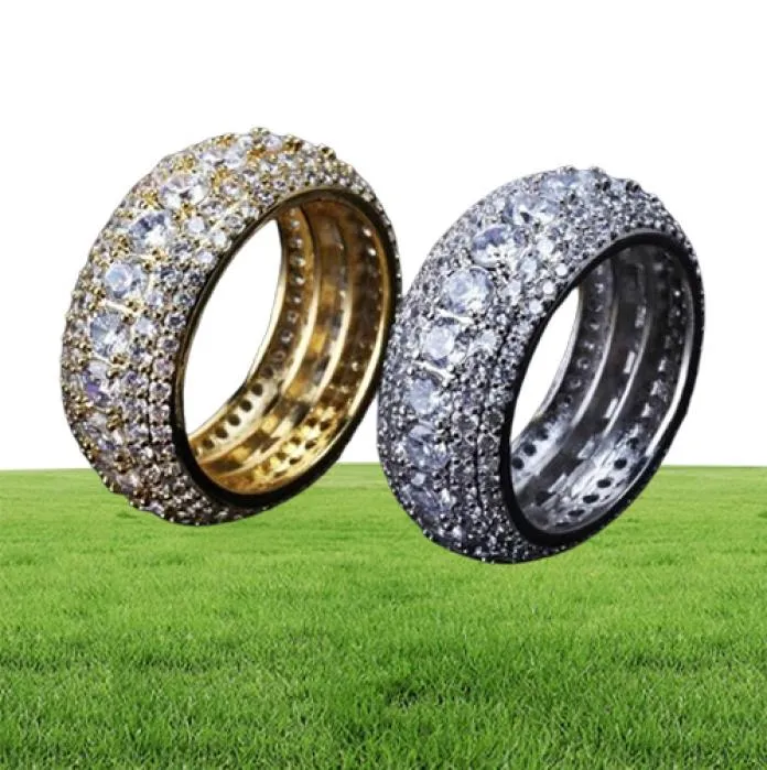 Tamaño 711 Hiphop 5 Filas de circones cúbicos de lujo anillo de diamante de diamante de oro machos plateados con el dedo helado anillos de joyería para hombre94277315171131