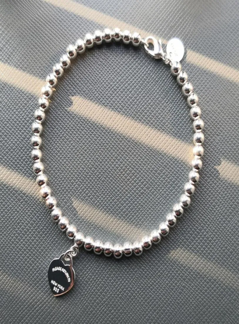 925 Silver Luxury Heart Creaded Charm Tag Tag Strands Bracelet Femmes Fine Bijoux Perles à la mode Bracelets à balle ronde pour Girlfrien797024