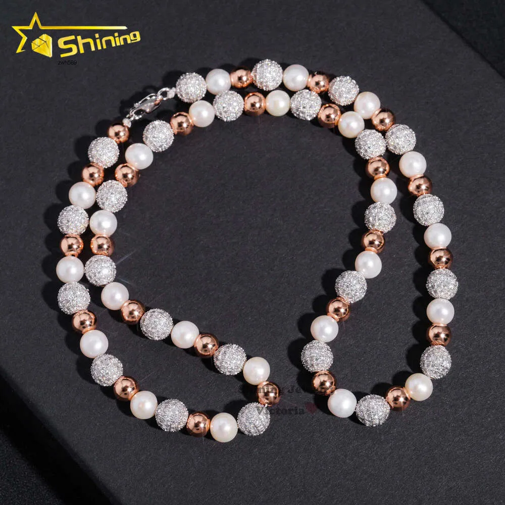 Ny ankomstanpassad design Partihandel Fashion Jewelry Moissanite Diamond 8mm Iced Out Imitation Pearl Beads Link Chain Necklace