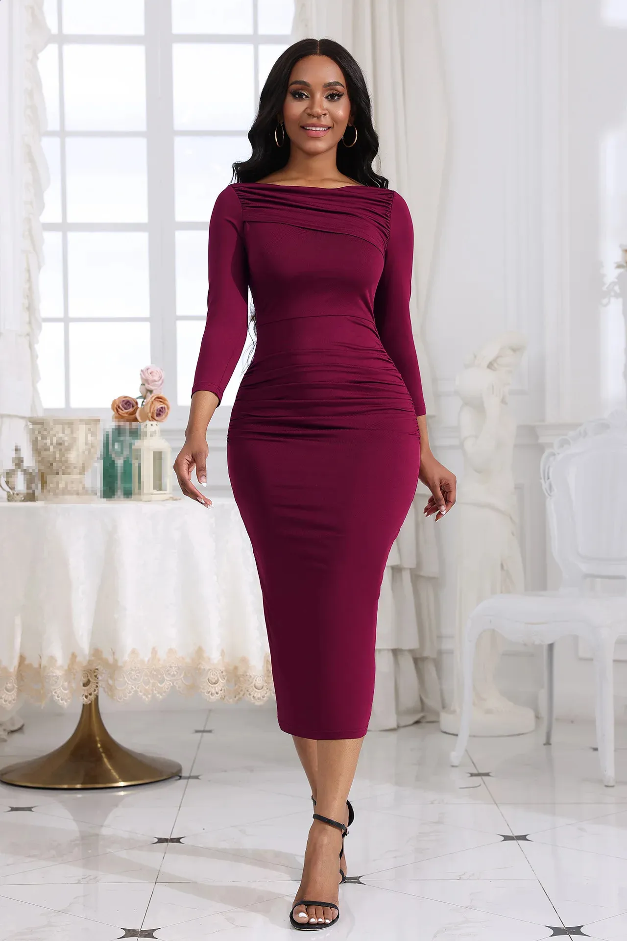 green emerald velvet dress Long Sleeve Sequin Evening Dress with Side Split main image 1