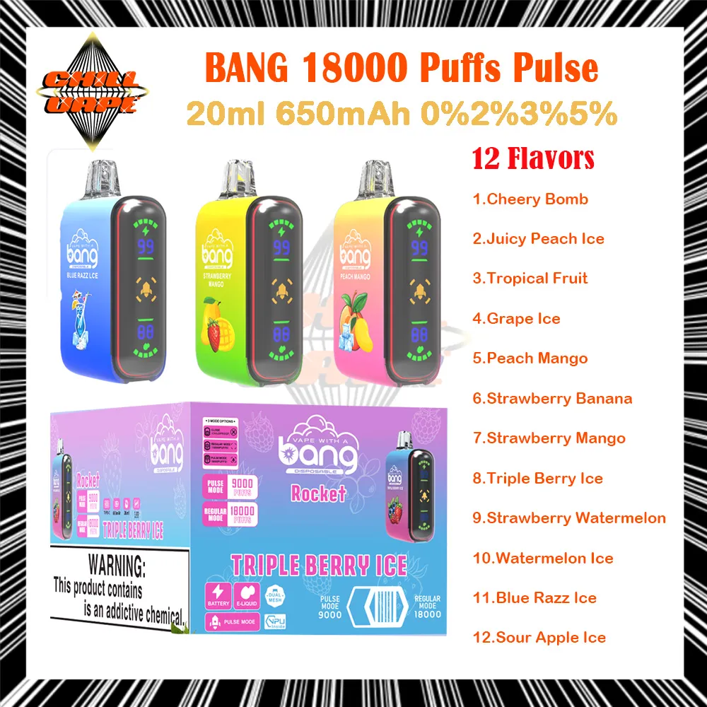 BANG ORIGINE BANG 9K 18K Pulse Penna di vaporizzazione usa e getta 0% 2% 3% 5% di resistenza 20 ml di vapore POD pre-riempito