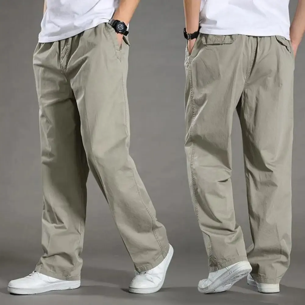 Men Cargo Pants Spring Fall Elastic Waist Drawstring Casual Loose Large Pocket Male Straight Wide Leg Trousers 240415