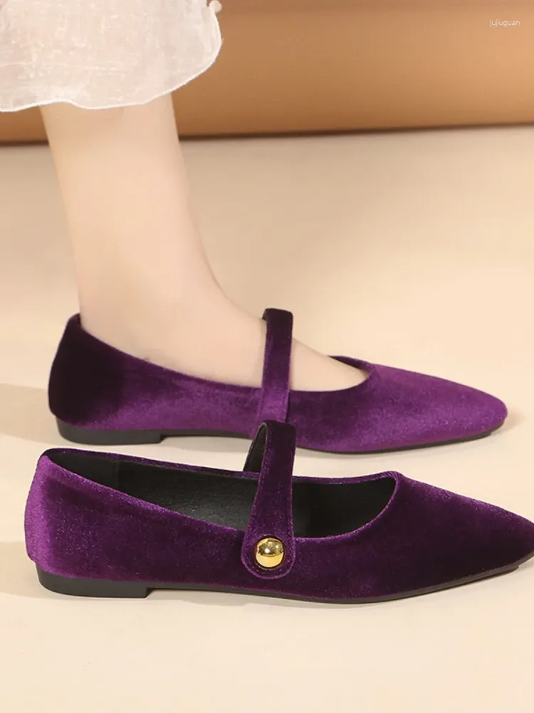 Dress Shoes Elegant Velvet Ballet Flats Woman Luxury Velour Mary Jane Ladies Pointed Toe Buckle Strap Loafers In Purple Green