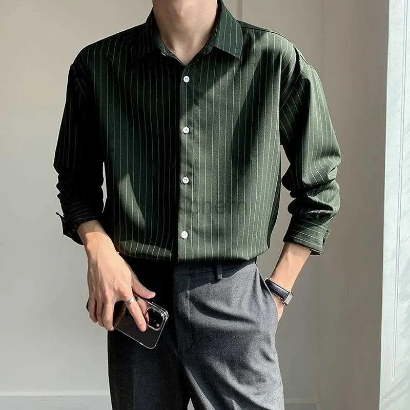 Men's Casual Shirts 2023 New Spring and Autumn High Grade Dark Green Striped for Men Long Sleeve Loose Business Dress Shirt 240416