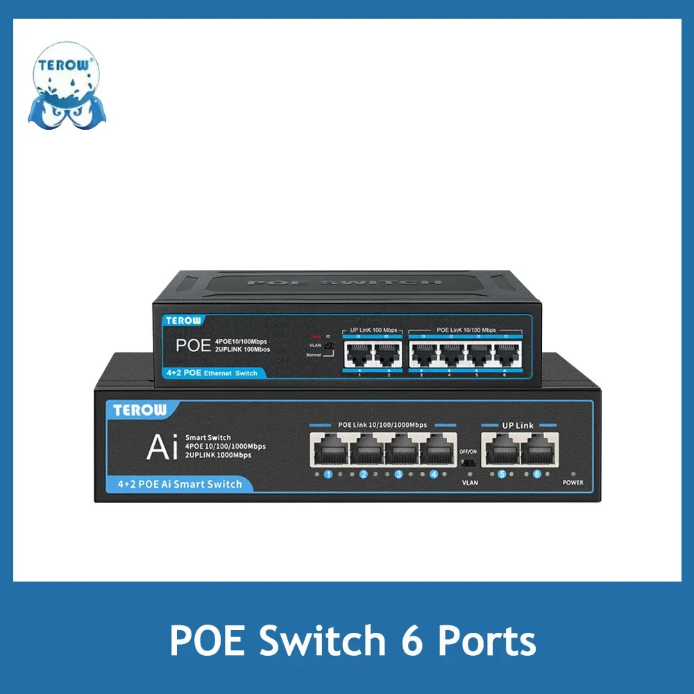 System Terow Poe Switch 6Port 100/1000 Mbps Gigabit Ethernet Switch Fast Network Switch Oande för WiFi Router Camera Security System