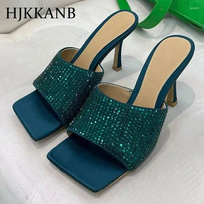 Slippare Summer Square Head Open Toe For Women Crystal Decoration High Heel Sandals Outdoor Vacation Dress Shoes 2024