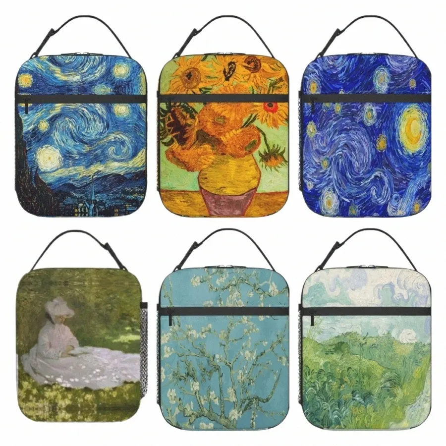 Van Gogh Starry Sky Night Oil Målning Lunchväska Isolerad bärbar återanvändbar lunchlåda med dragkedja för kvinnor män picknick strand o7qu#