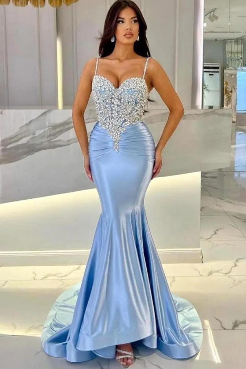 Sexy Arabic Blue Pink Spaghetti Straps Mermaid Evening Dresses