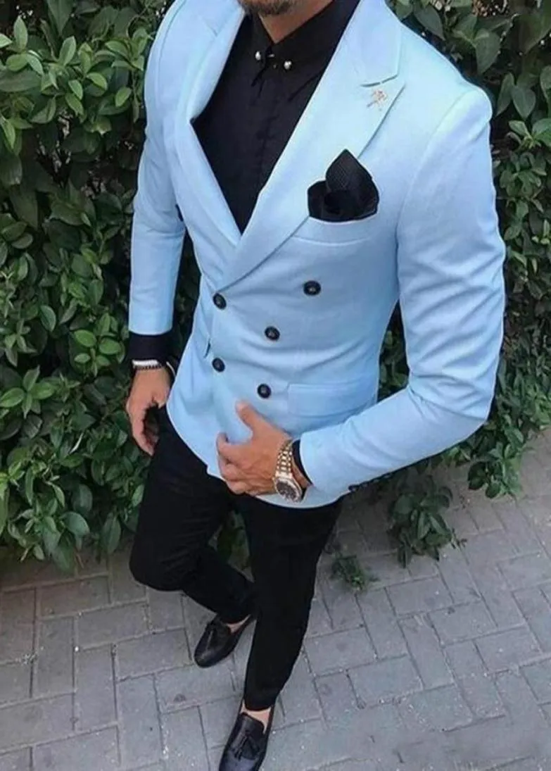 Nouvelle mode Blue Men Suit Double Breasted Groom Tuxedos Slim Fit Groomsmen Promdinner Man Suit Two Pieces Wedding Wearjack5147849