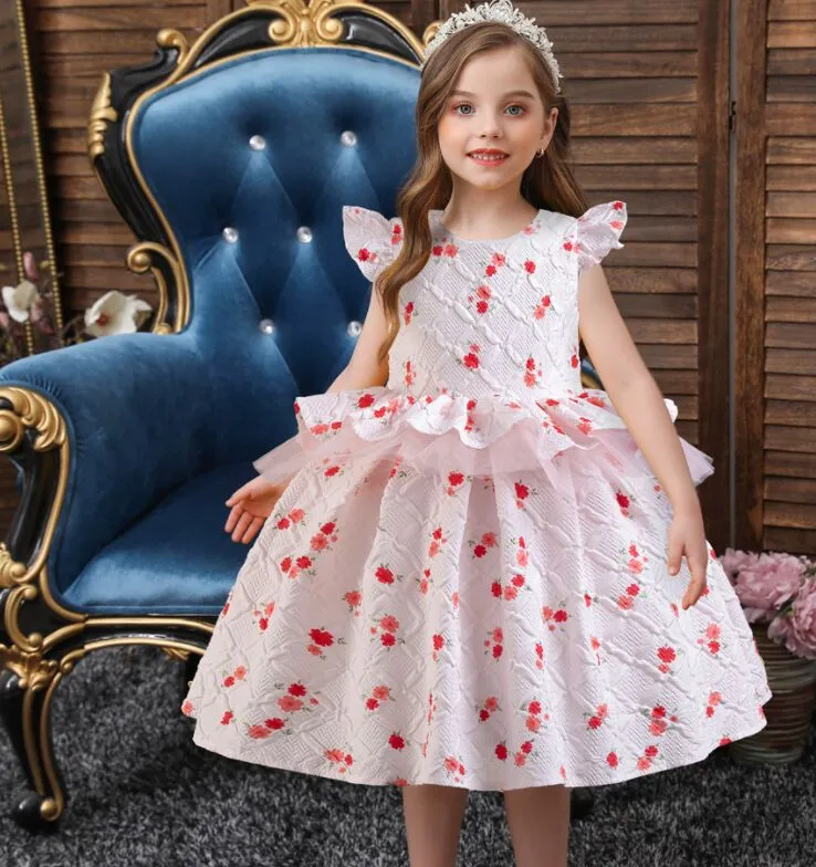 Flickors tryckt klänning 2024 barnklänningar tjej blomma barn barn atmosfärisk prinsessa kjol barn piano performance hosting klänning