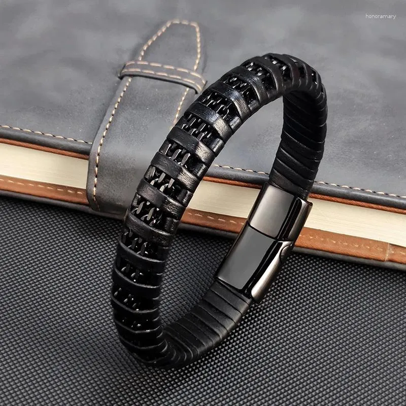 Bracelets de charme 2024 Bracelet Retro Black en cuir noir tissé 8 mm Chaîne en acier inoxydable Ne jamais fondre Gift Boho aux bijoux pour hommes et femmes