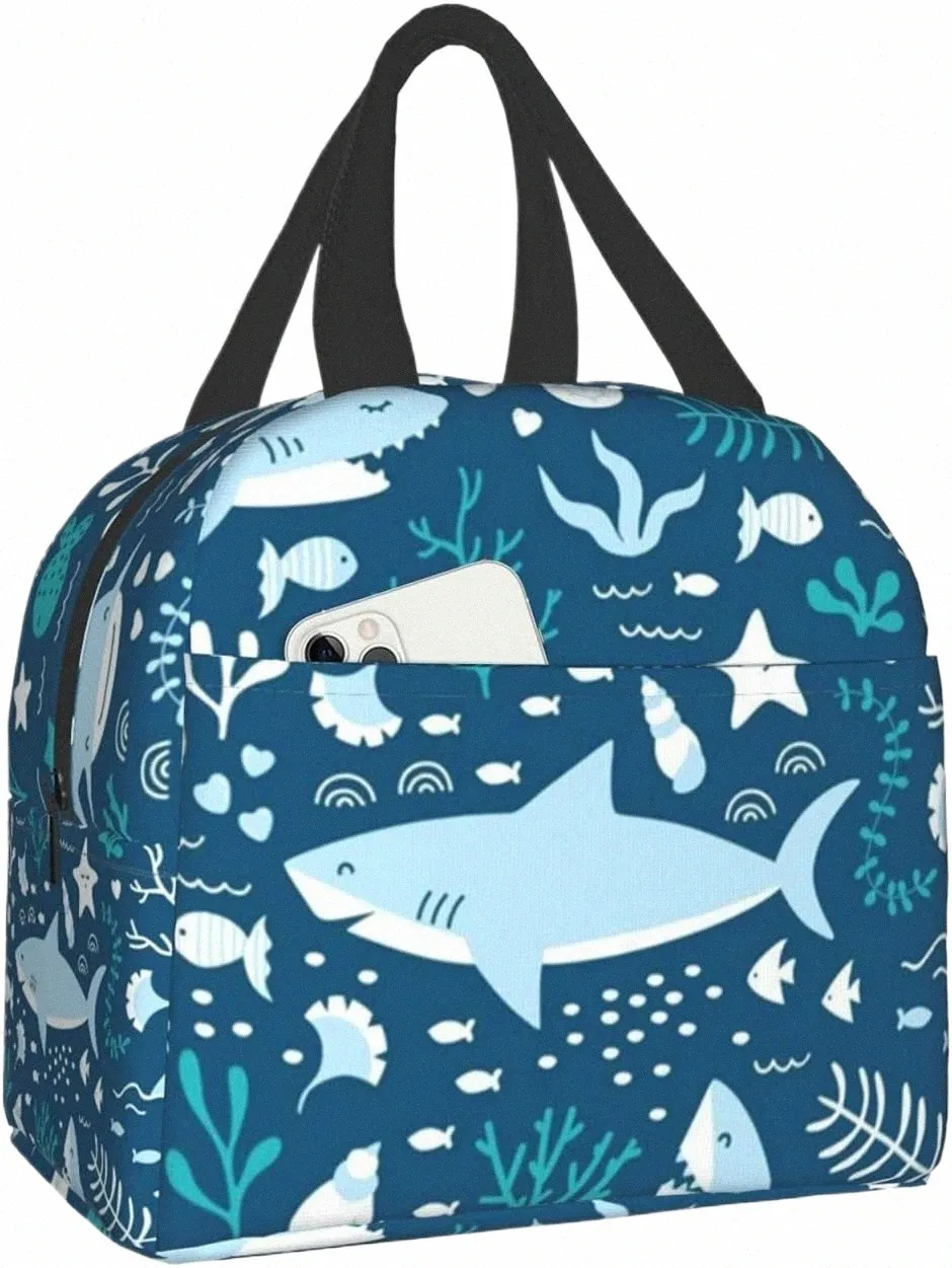 insulated Lunch Bag for Work School Picnic Blue Cute Shark Cooler Lunch Box Ctainers for Adults Thermal Tote Portable Reusable X2qF#