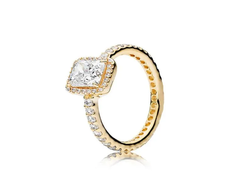 Rings de anillos chapados en oro amarillo Anillo de boda para mujeres Caja original para 925 Sterling Silver Square Sparkle Halo Halo Rings5288527
