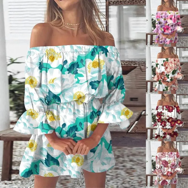 Casual Dresses Summer For Women Vintage Floral Print Beach Sexig Off Shoulder Tunic sundresses Löst fit Bell Sleeve Dress