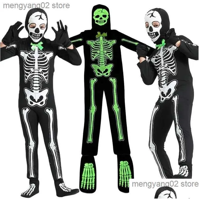 Tema kostym halloween skel skelett barn bodysuit nightglow jumpsuit carnival masquerad boll party cosplay kommer för barn släppa dhiho