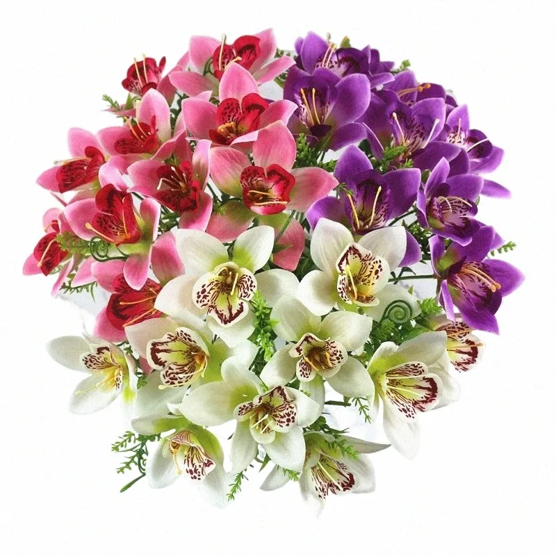 10pcs / bouquet Orchidée artificielle Flore White Silk Fake Orchid Fr DIY MARIAGE ROUTE ROAD HOME BUREAU VASE ACTIONS FAUX FLORES T22V #