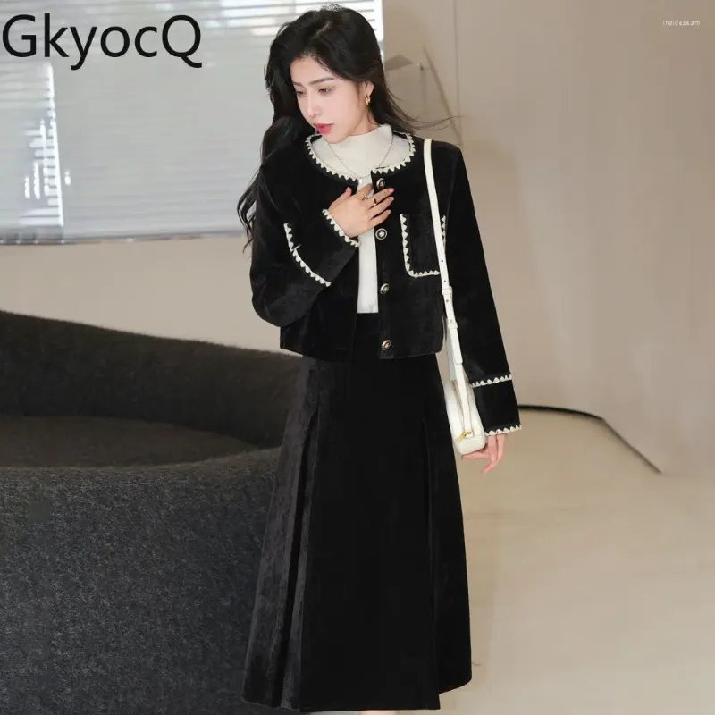 Work Dresses GkyocQ Korean Chic Women Two Piece Sets Outfit Elegant O Neck Long Sleeve Black Short Jacket High Waist Pleated Skirt